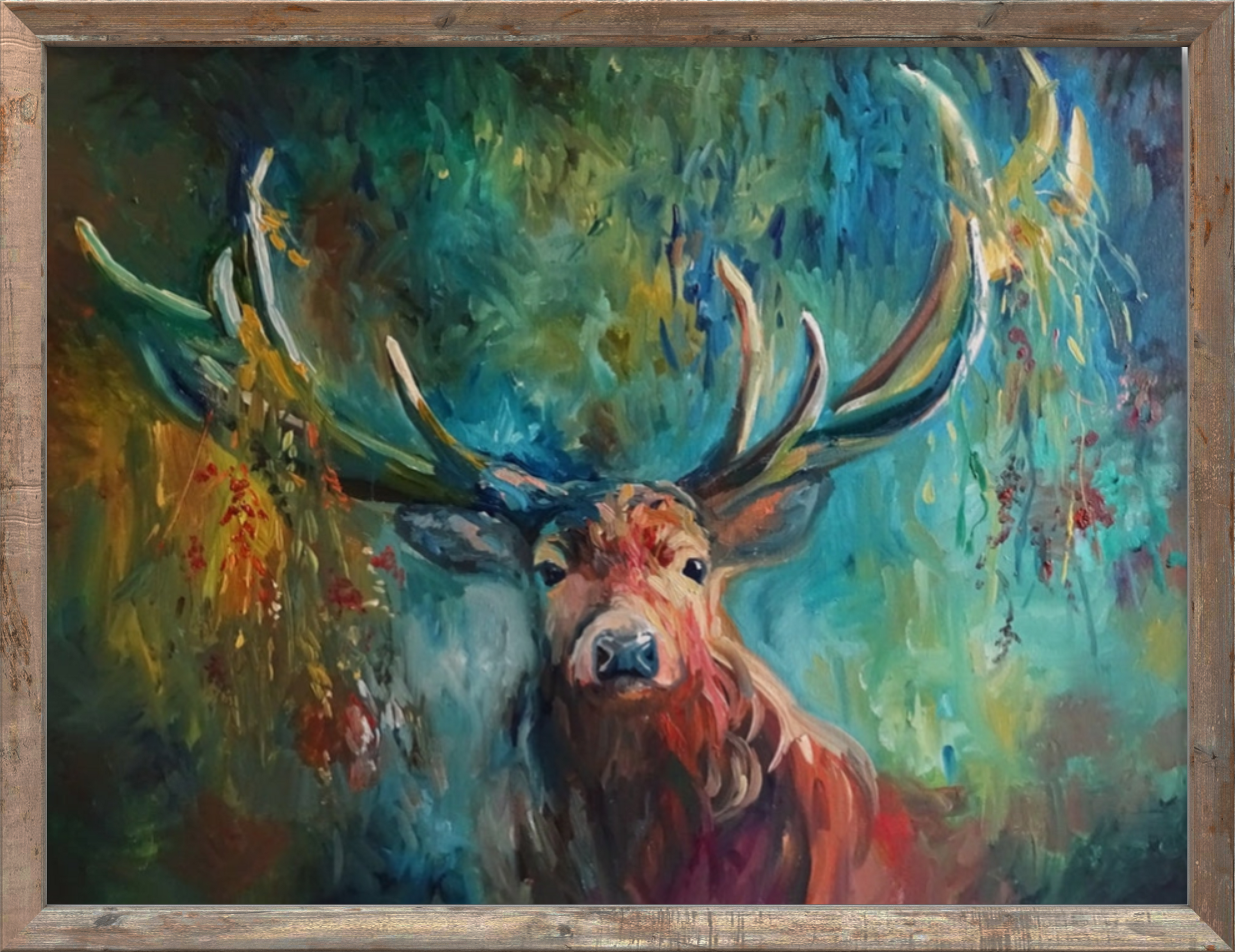Stag Painting in green in a metallic frame