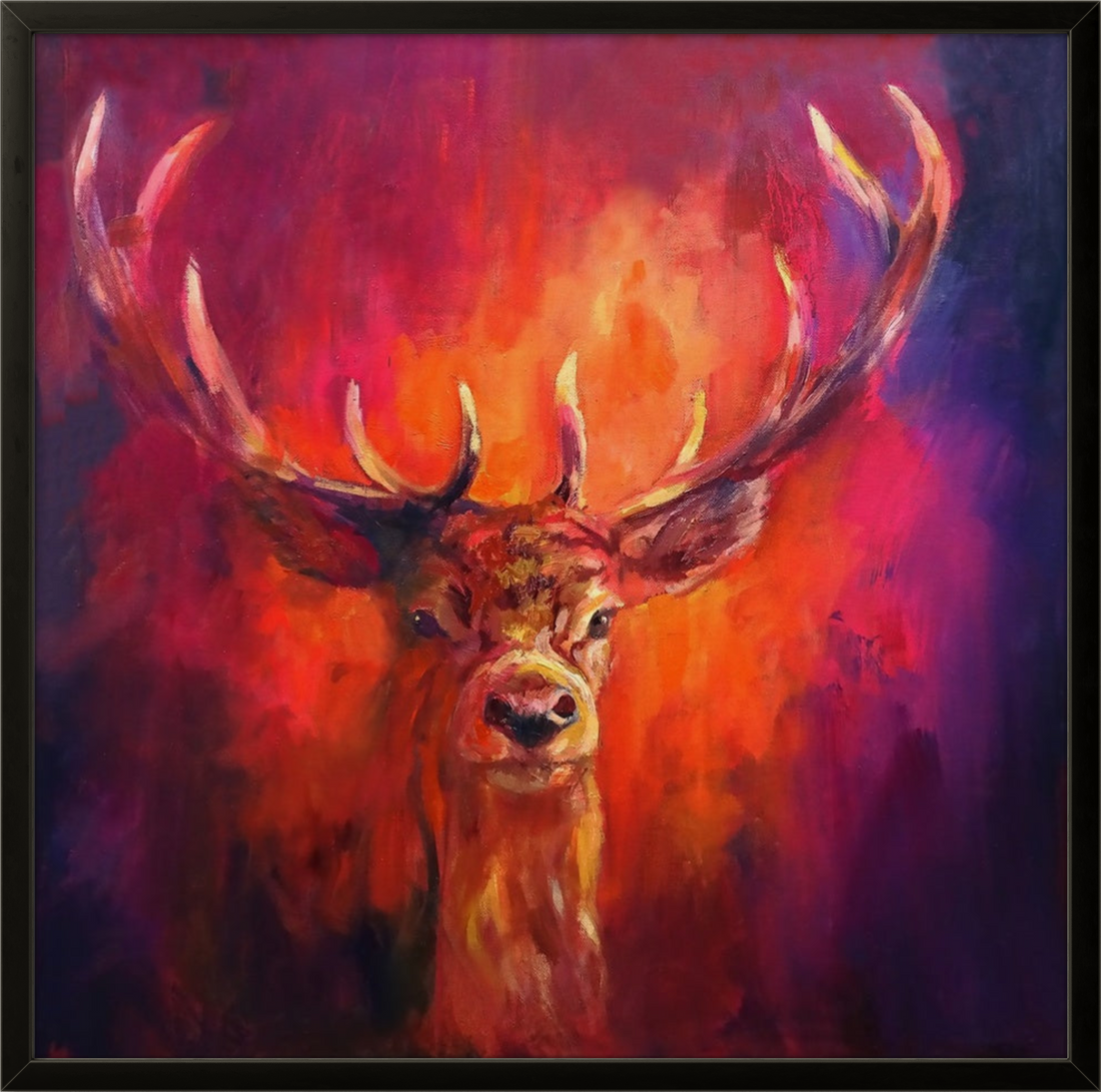 Bold Stag Painting in Red and Purple; Meet Spirit Stag - Animal Art by Susan Gardner - Contemporary Expressionist - Colourful Fine Art