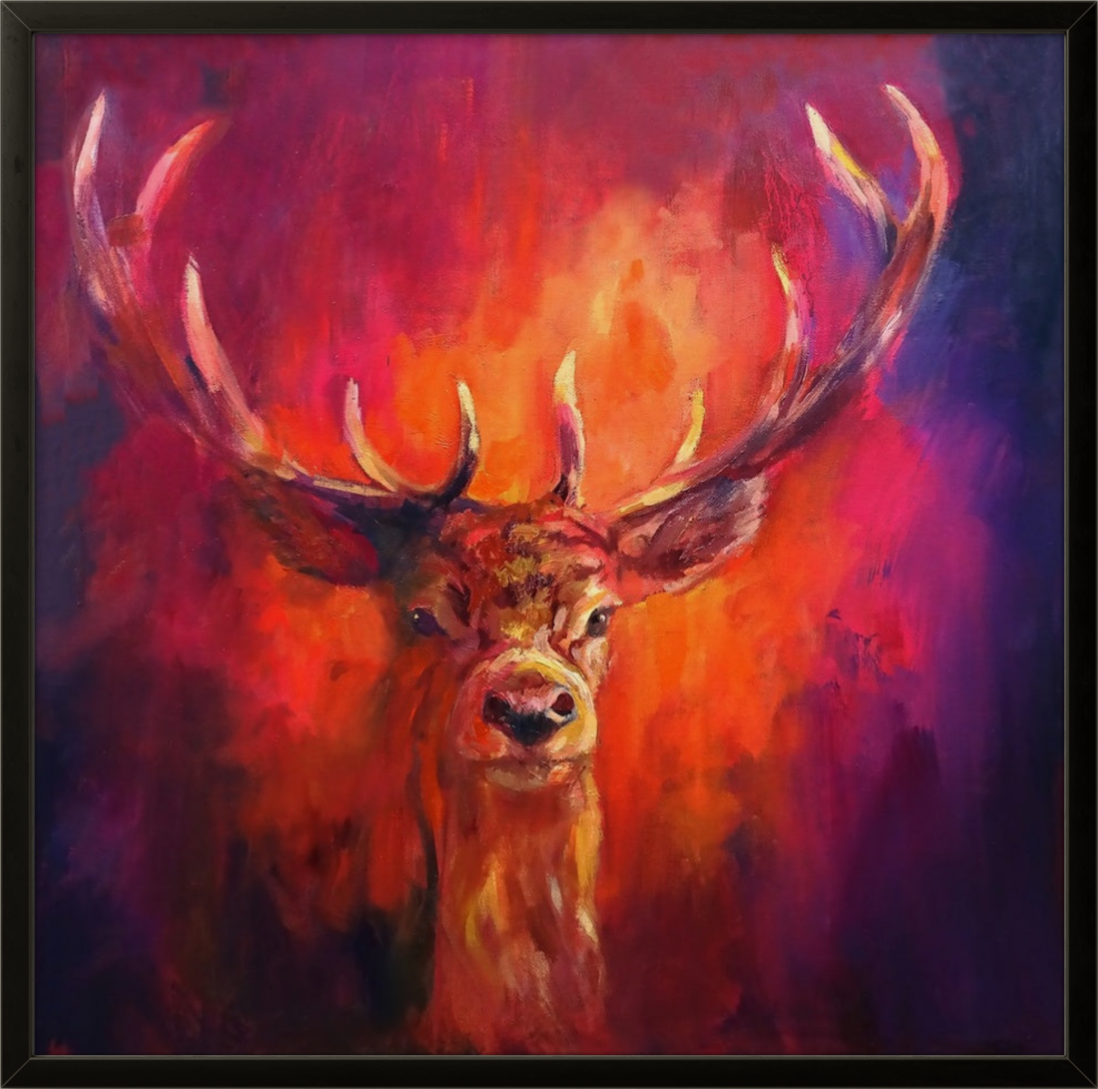 Bold Stag Painting in Red and Purple; Meet Spirit Stag - Animal Art by Susan Gardner - Contemporary Expressionist - Colourful Fine Art