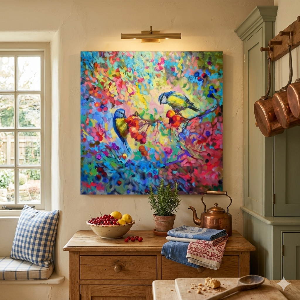 A rainbow colour canvas with birds and blossom in a room setting