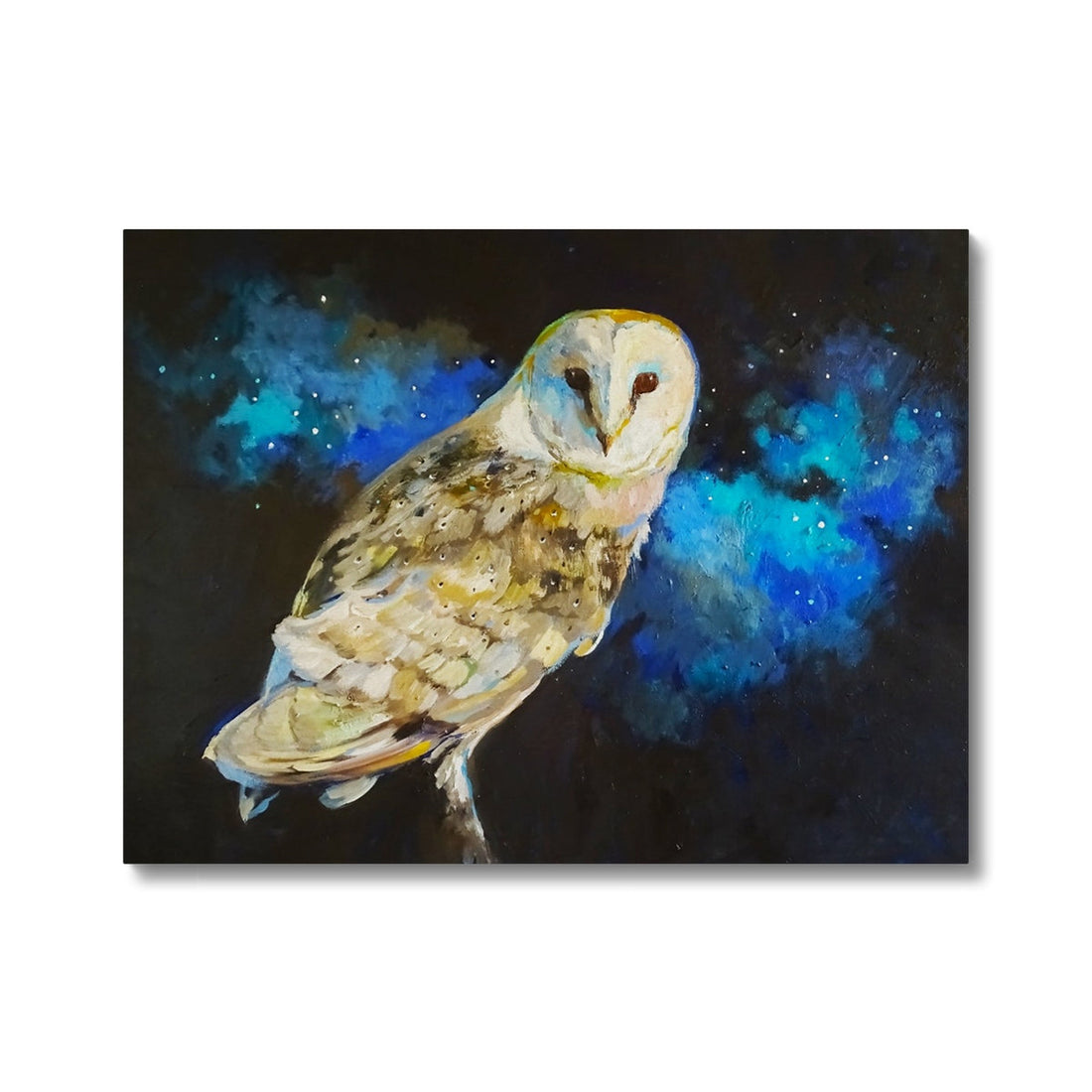 While the World Sleeps -  Barn Owl Canvas Print in Blue and Gold - Animal Art by Susan Gardner - Contemporary Expressionist - Colourful Fine Art
