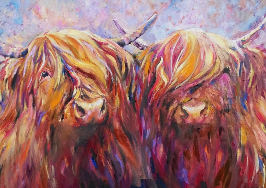 Fiddich and Spey - Two Highland Cows on Canvas - Animal Art by Susan Gardner - Contemporary Expressionist - Colourful Fine Art