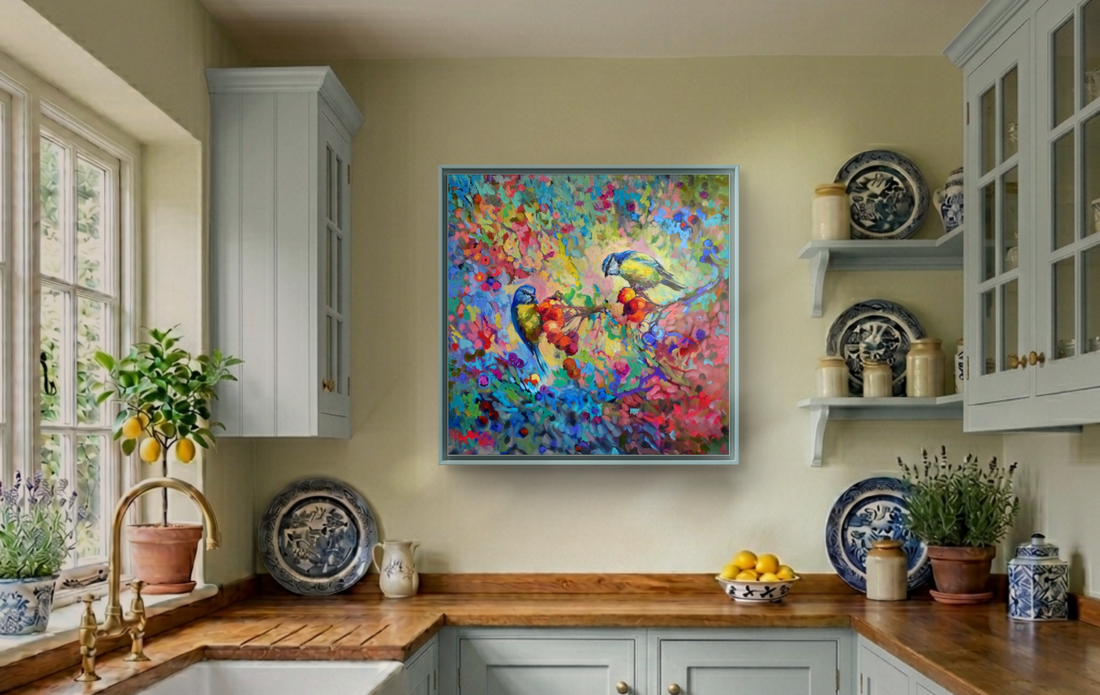 A modern family kitchen with lemon walls and a colourful canvas art  print with birds  by uk artist susan gardner