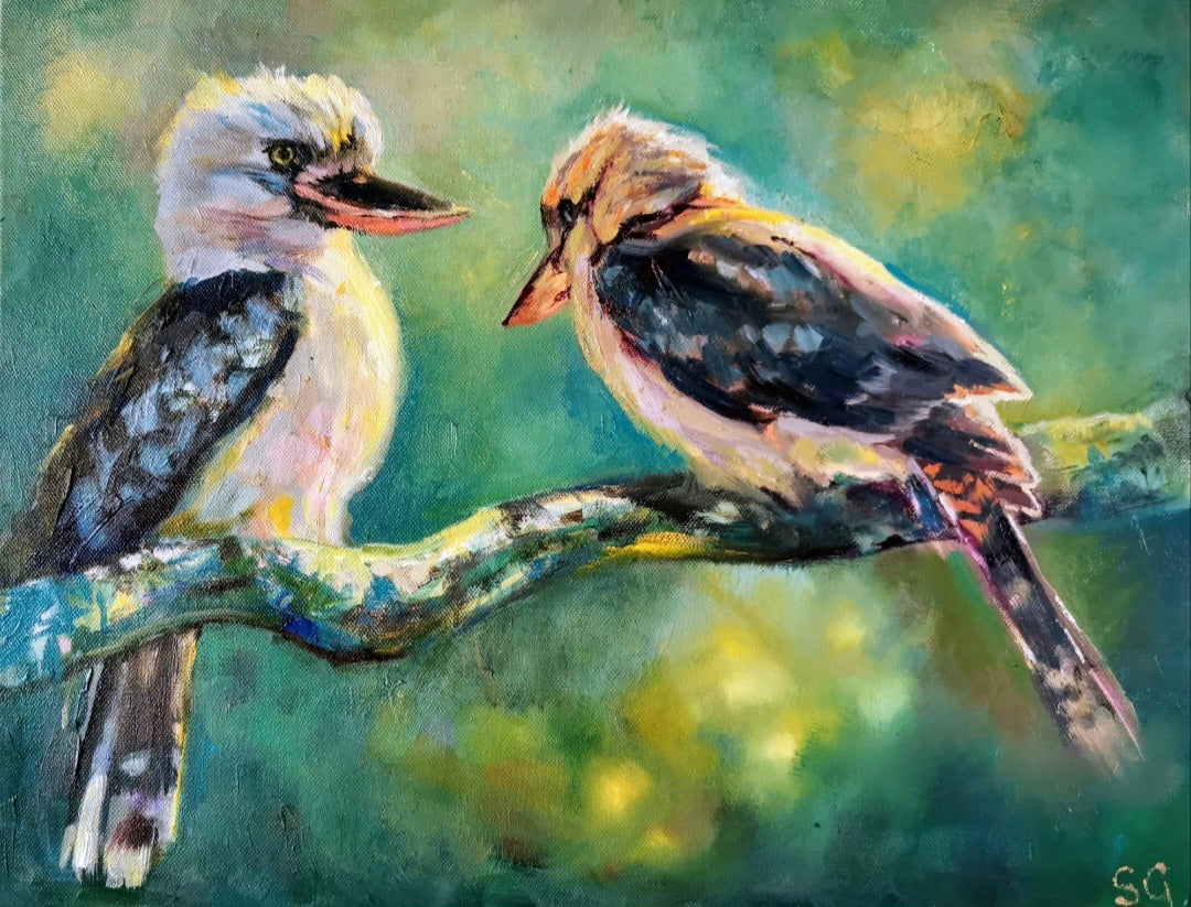 A Pair of Kookaburras - Australian Wildlife Painting - Animal Art by Susan Gardner - Contemporary Expressionist - Colourful Fine Art