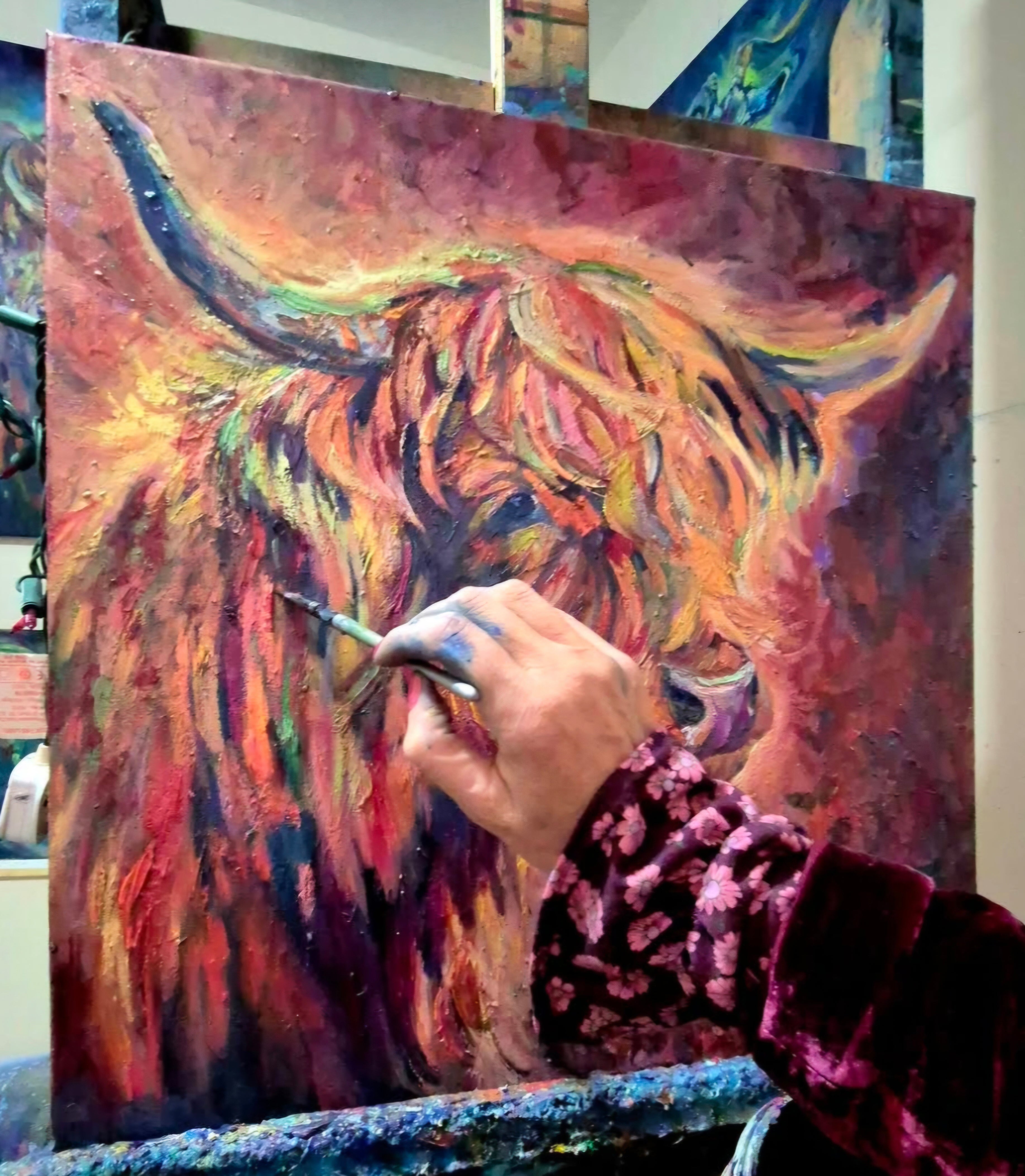 Highland Cow Lit by the Setting Sun.
