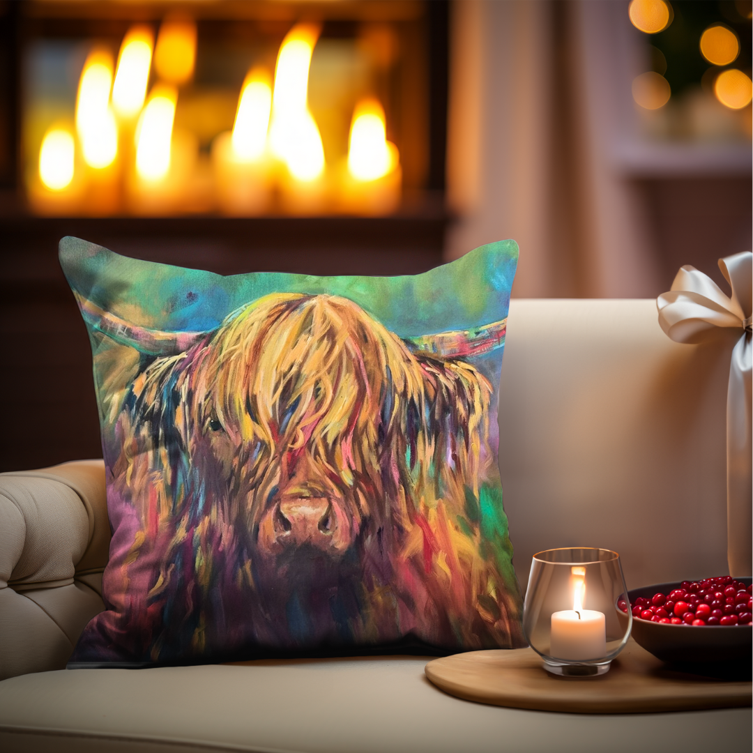 Beautiful new addition to my cushion collection - 'Applecross' Highland Cow - Animal Art by Susan Gardner - Contemporary Expressionist - Colourful Fine Art