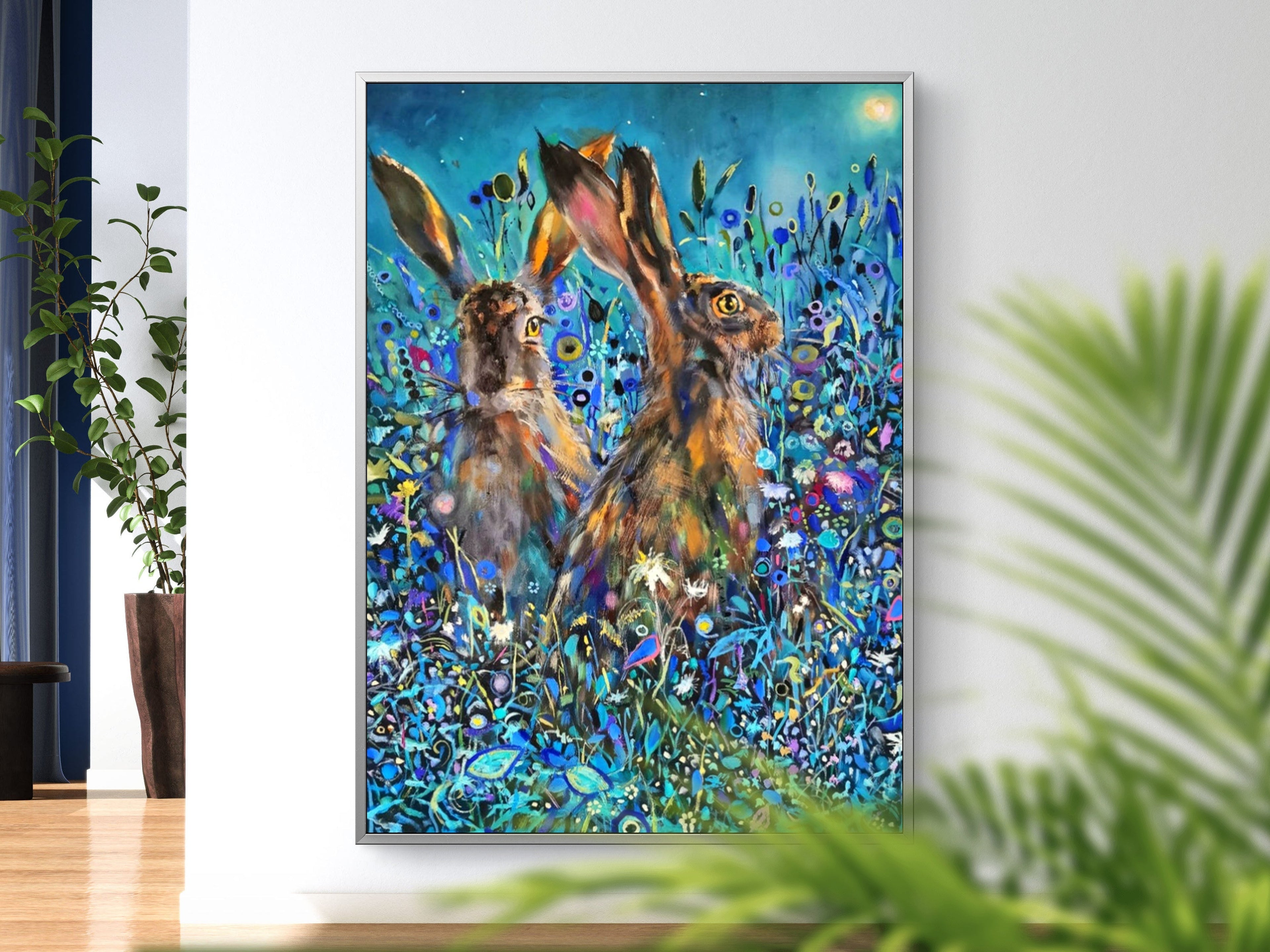 Enchanted Garden: Why Two Hares Might be Better Than One - Animal Art by Susan Gardner - Contemporary Expressionist - Colourful Fine Art