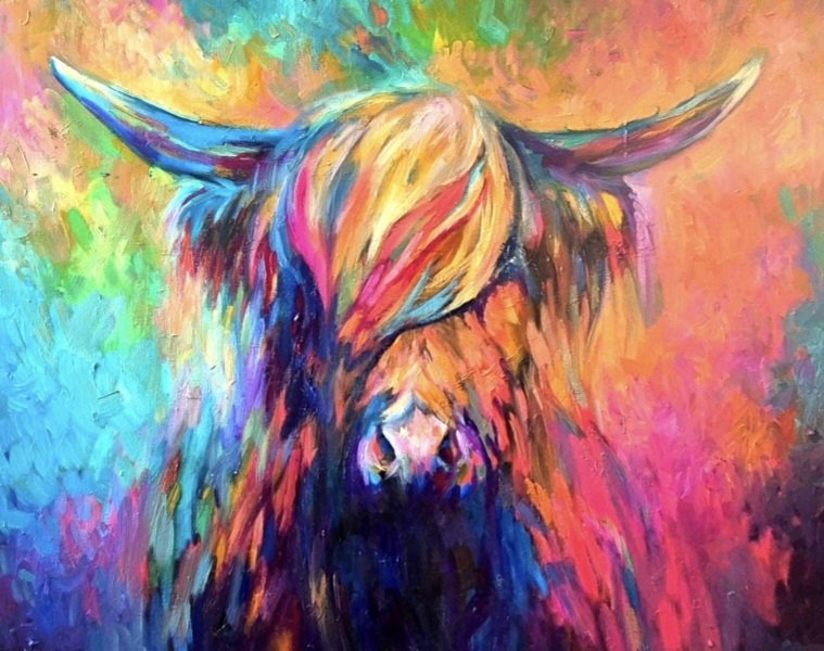Colourful Highland Cow Art For Sale - Animal Art by Susan Gardner - Contemporary Expressionist - Colourful Fine Art