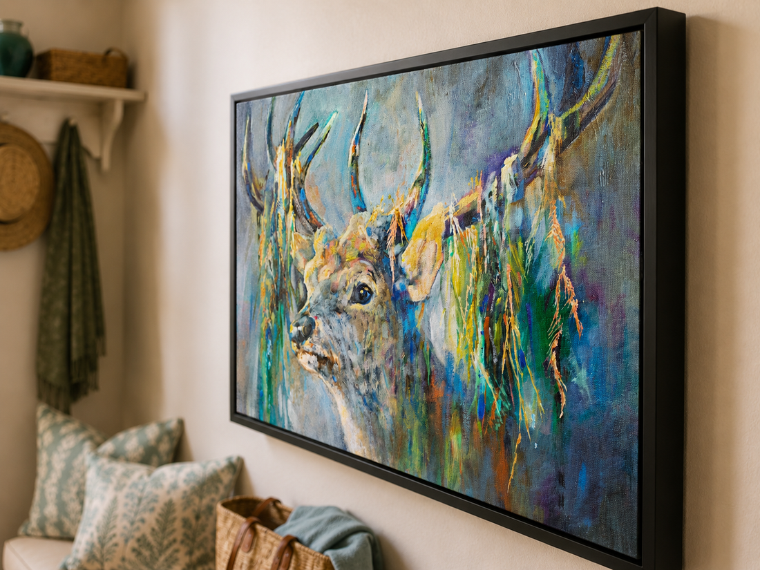stag art in shades of grey and green