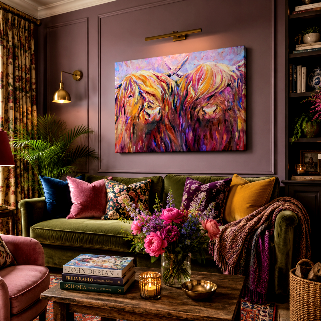 Two Highland cows in an art print in a cosy living room 