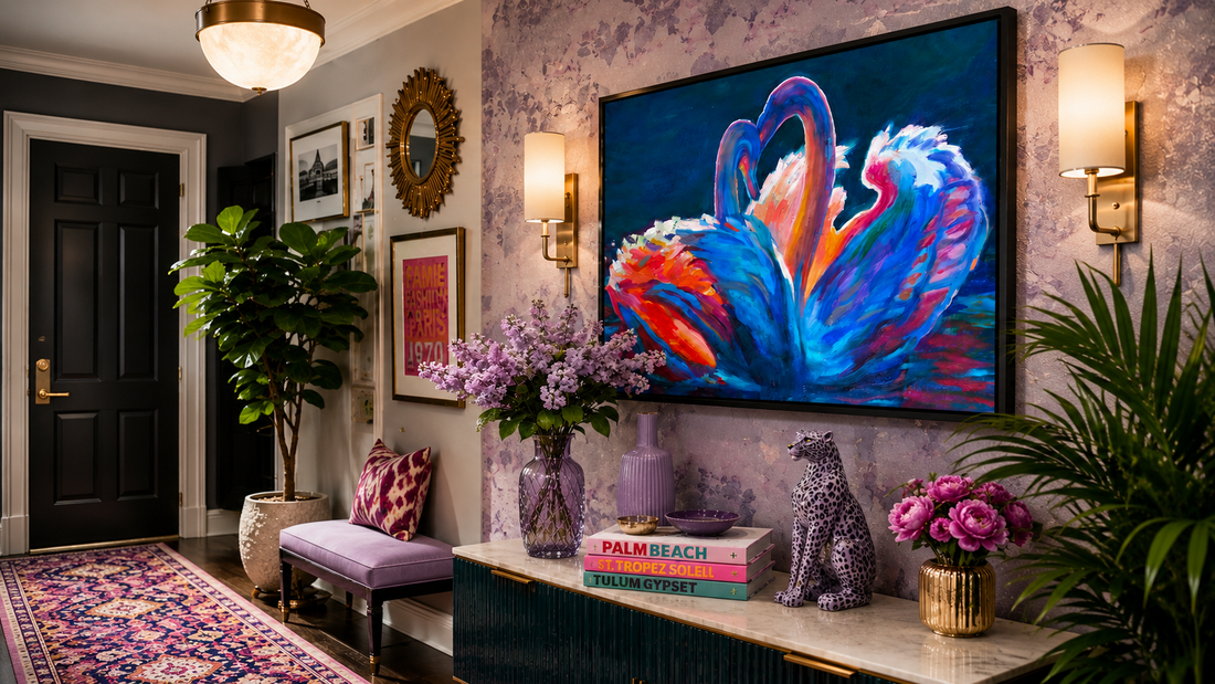 A latge vibrant painting of two romantic swans in a luxurious modern hallway interior