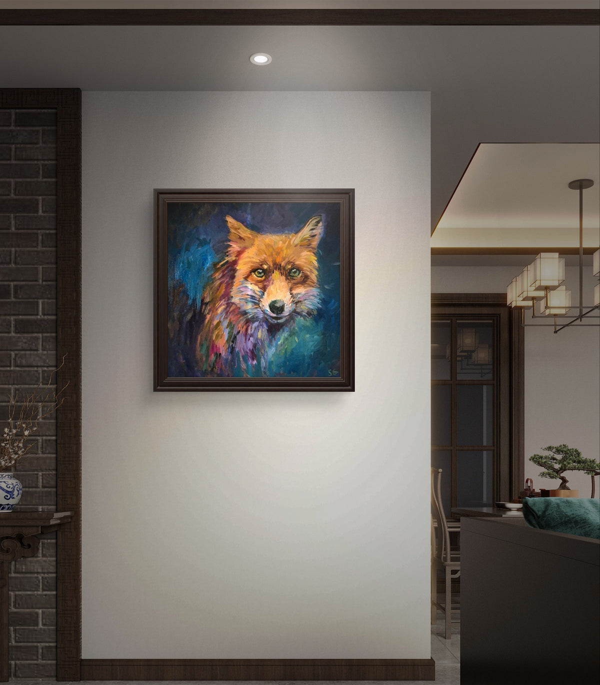New Fox Oil painting - Sam at Twilight - Animal Art by Susan Gardner - Contemporary Expressionist - Colourful Fine Art