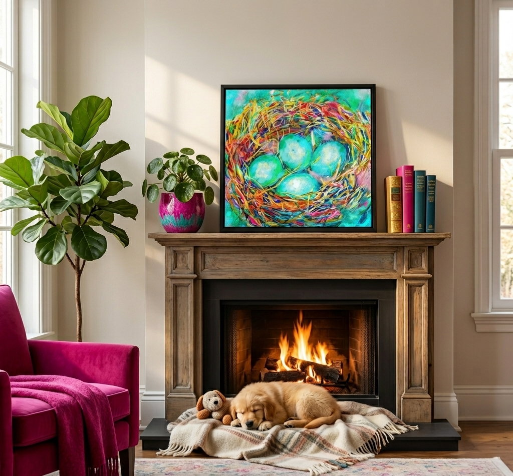 Teal and Turquoise Birds Nest Art! - Animal Art by Susan Gardner - Contemporary Expressionist - Colourful Fine Art