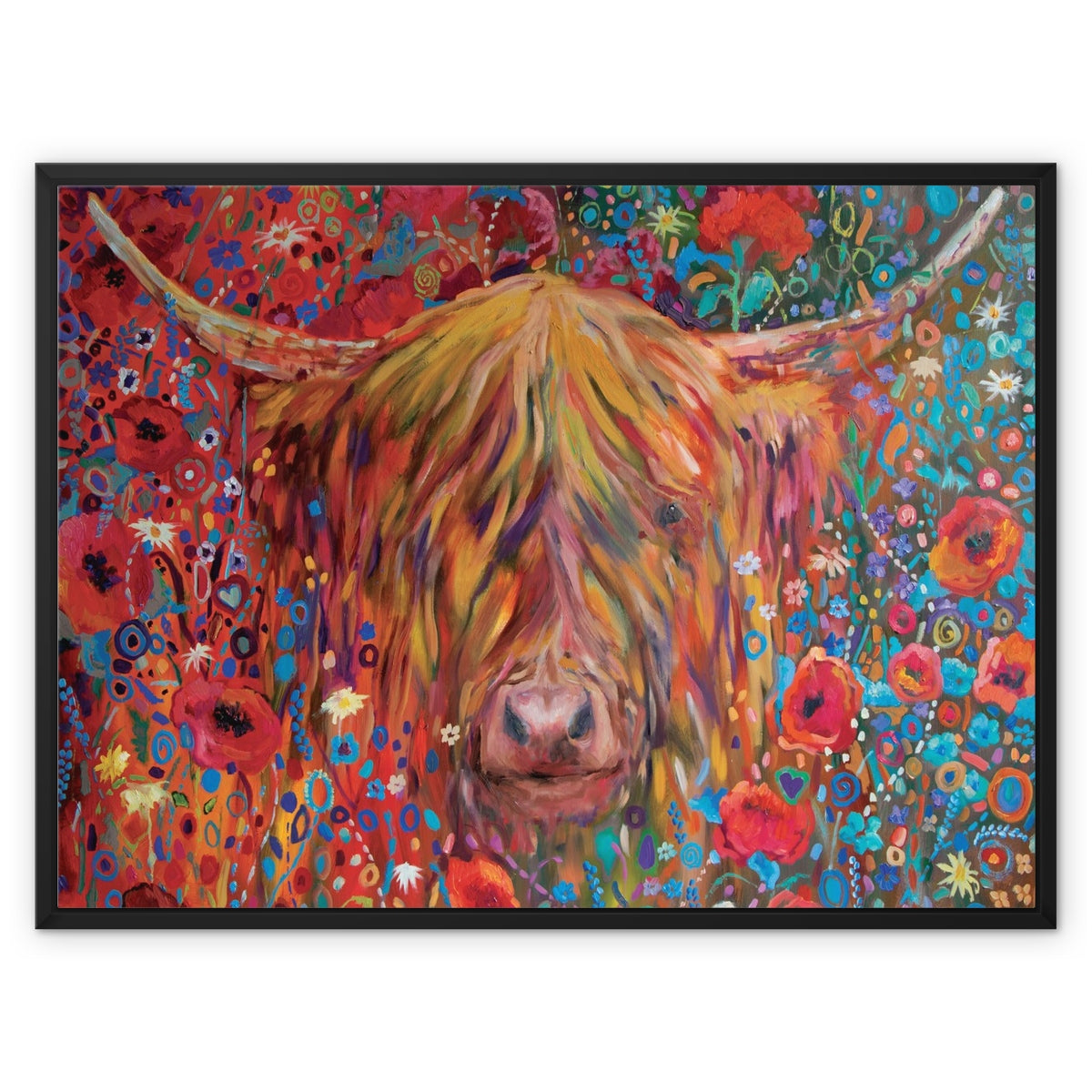 Poppy Cow Framed Canvas - - susan gardner - uk artist - colourful animal art
