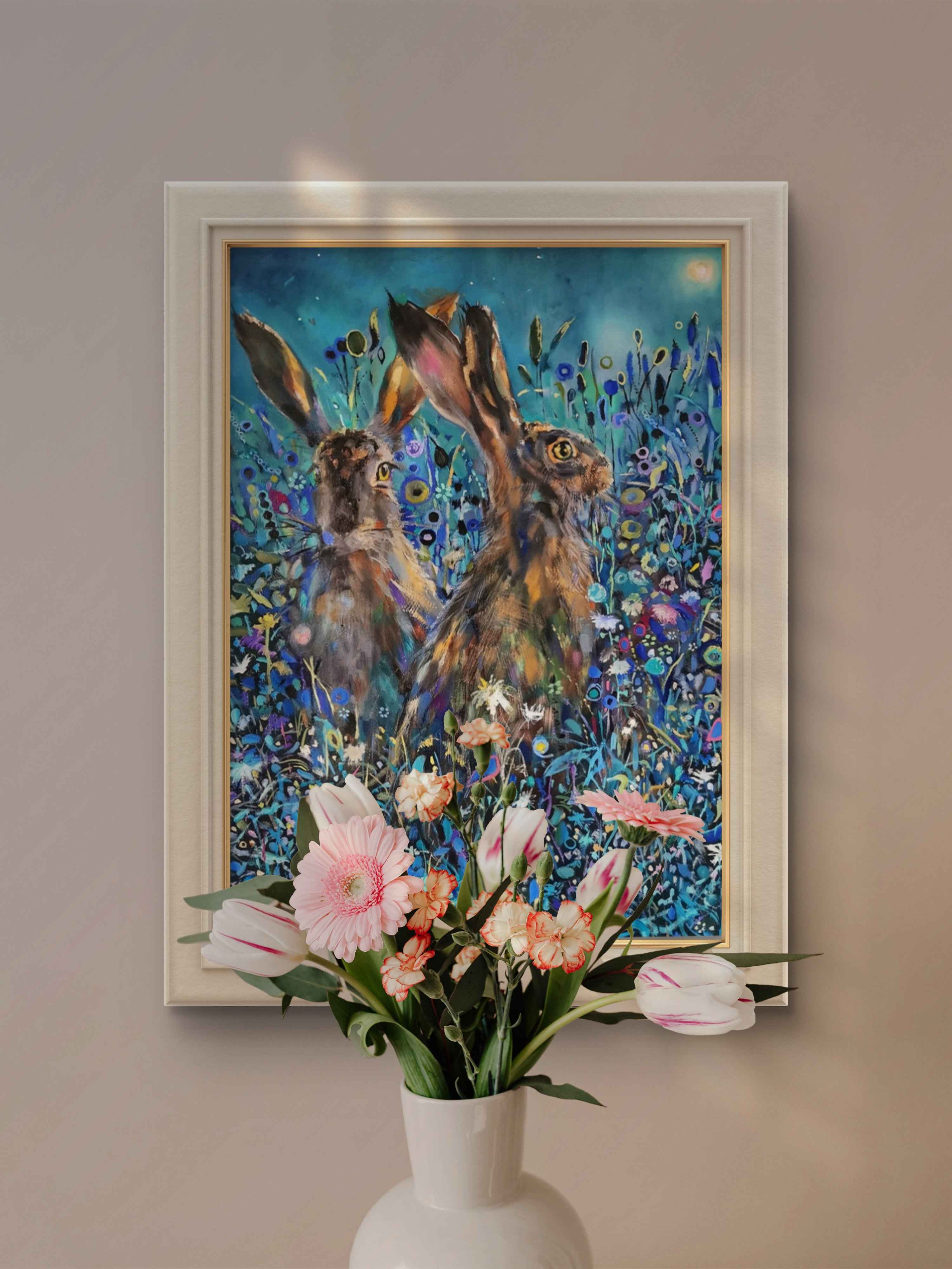Enchanted Garden - Hares Canvas - - susan gardner - uk artist - colourful animal art