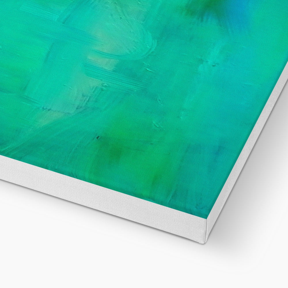 Abstract canvas wall art featuring textured brushstrokes in vibrant teal, green, and turquoise tones, shown at an angle to highlight the wrapped canvas edge on a white background.