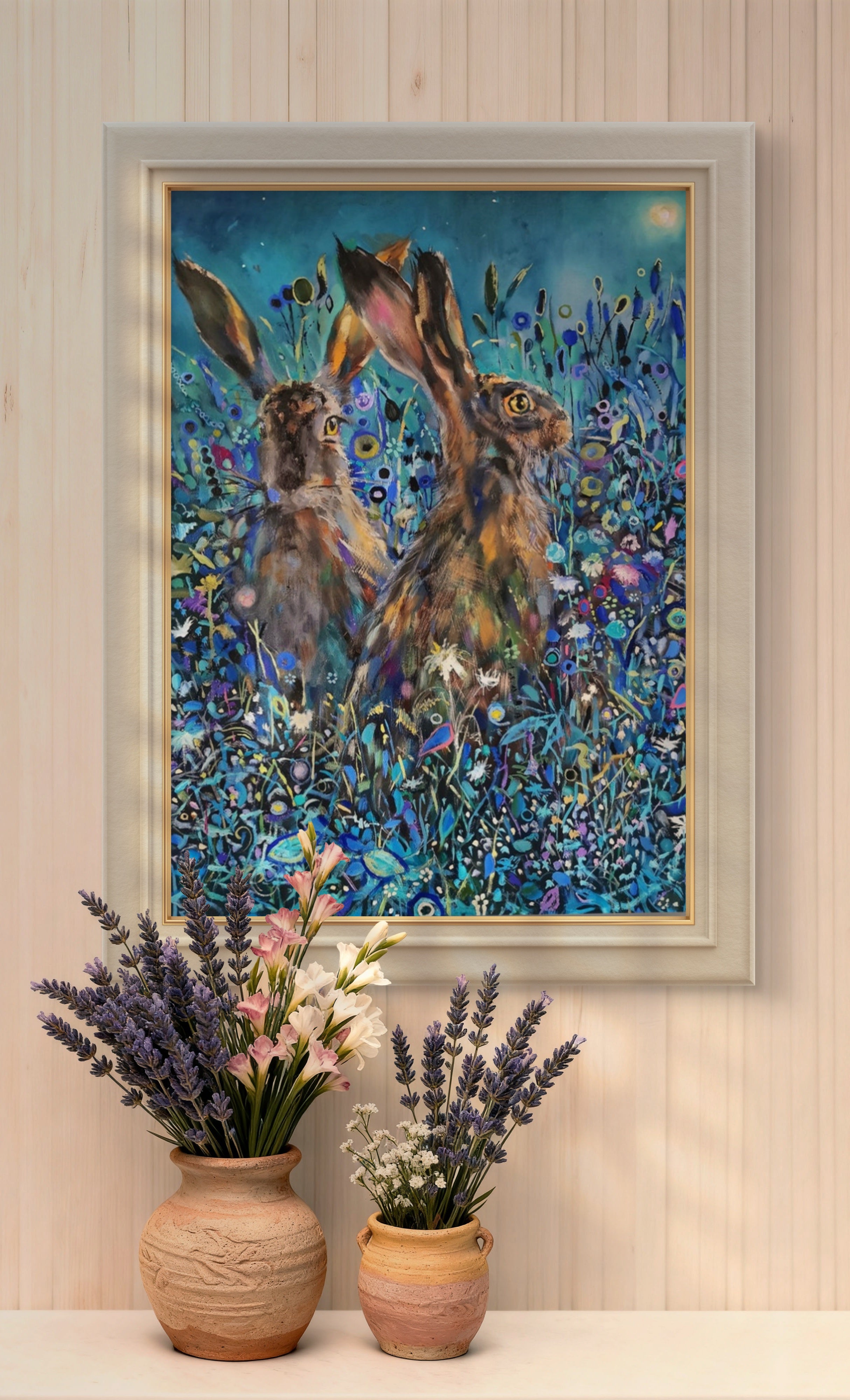 Enchanted Garden - Hares Canvas - - susan gardner - uk artist - colourful animal art