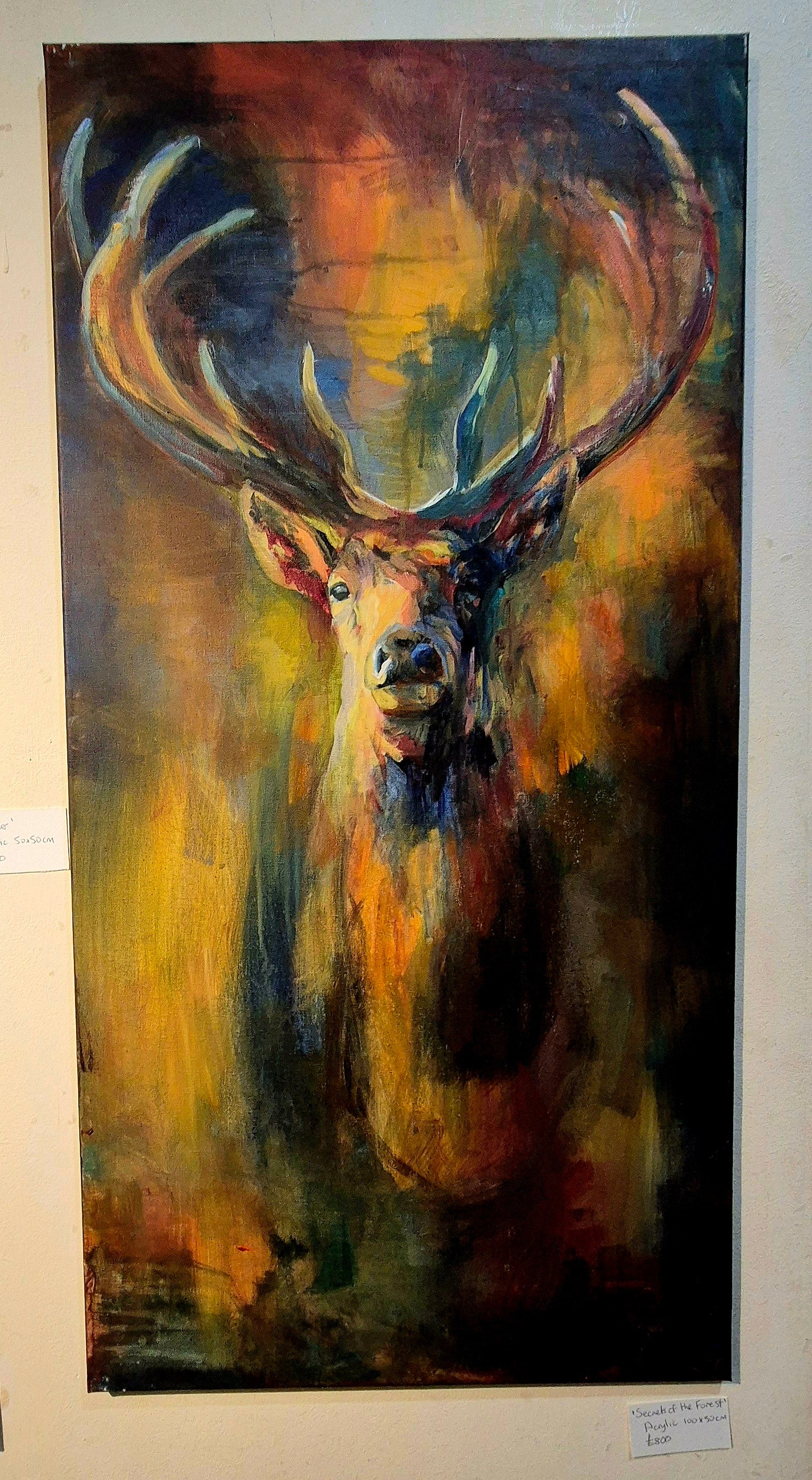 Sold* 'Secret of the Forest ' Original Stag Painting in Acrylics. 100 x 50 cm - Animal Art by Susan Gardner - Contemporary Expressionist - Colourful Fine Art