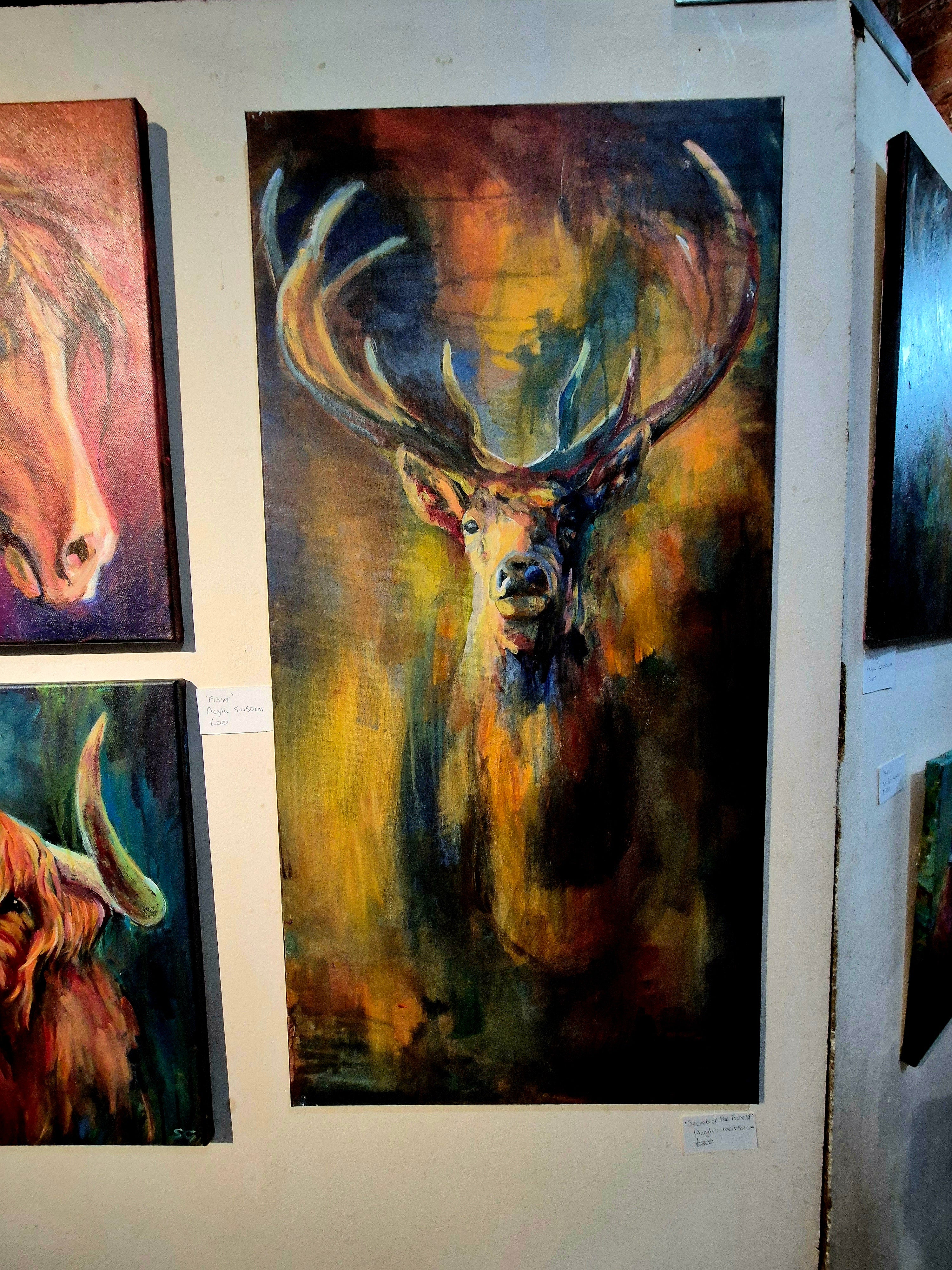 Sold* 'Secret of the Forest ' Original Stag Painting in Acrylics. 100 x 50 cm - Animal Art by Susan Gardner - Contemporary Expressionist - Colourful Fine Art