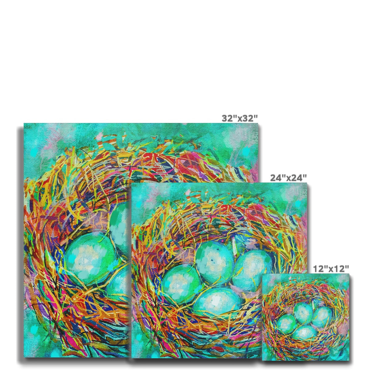 Set of three colorful bird's nests with eggs on a white background, showing different sizes.