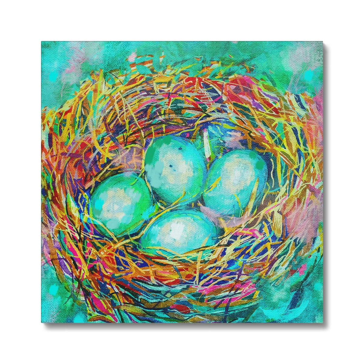 Colorful painting of a nest with three eggs on a white background