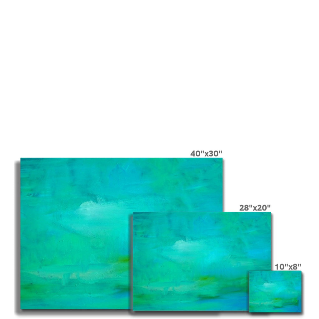 Three abstract turquoise and teal wall art panels shown in different sizes with dimension labels: 40"x30", 28"x20", and 10"x8" on a white background.