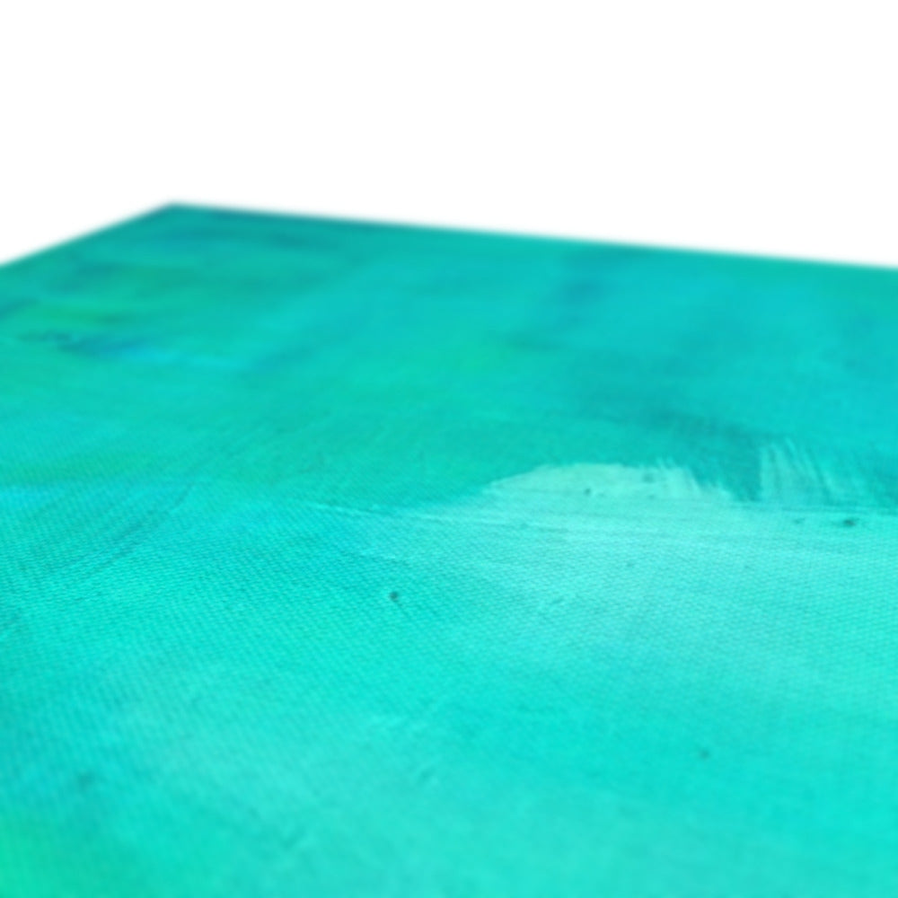 A close-up of a textured canvas painting featuring a gradient of turquoise, teal, and light blue with visible brushstrokes.