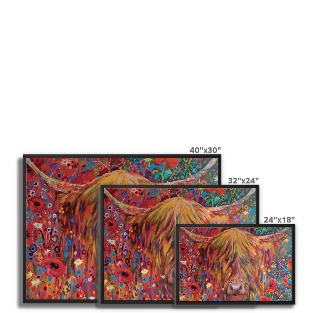 Poppy Cow Framed Canvas - - susan gardner - uk artist - colourful animal art
