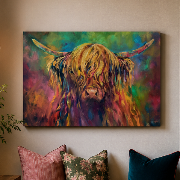 Colorful painting of a highland cow on a wall above a sofa with decorative pillows.