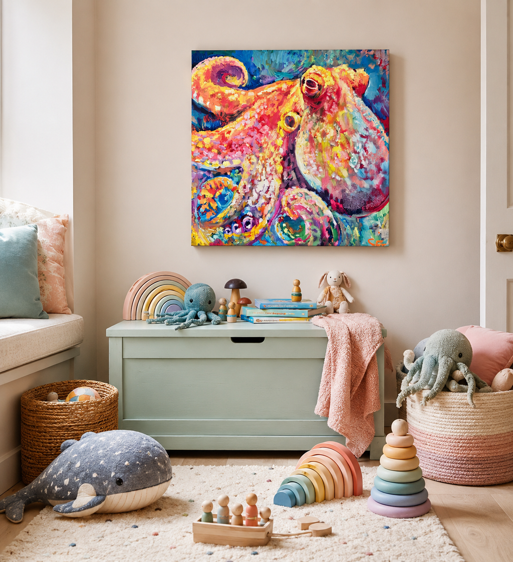 A colorful abstract octopus canvas painting hangs on a beige wall above a mint green toy chest in a styled children's room. The room is decorated with toys, including a plush whale, pastel stacking rings, baskets, and a soft bench.