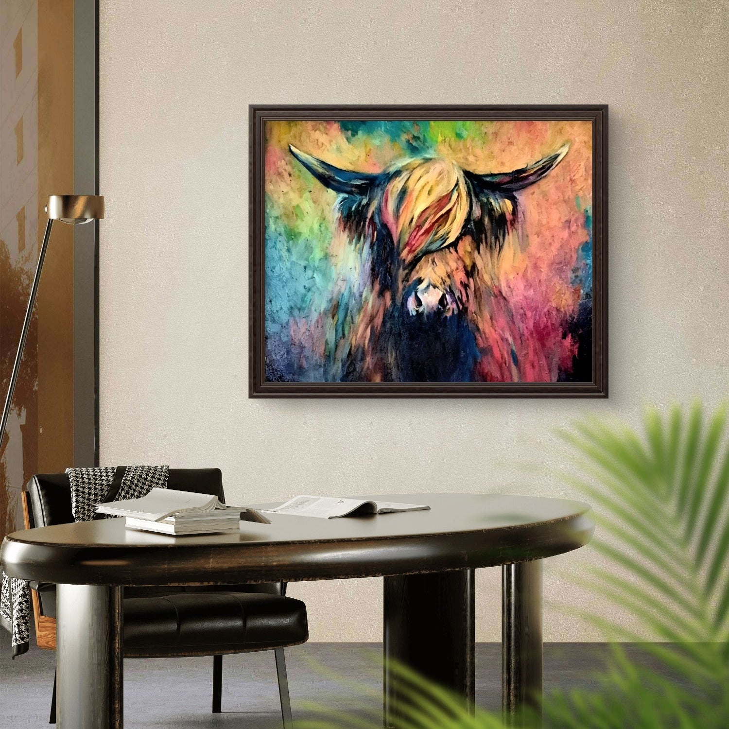 Colorful abstract painting of a bull on a wall above a desk.