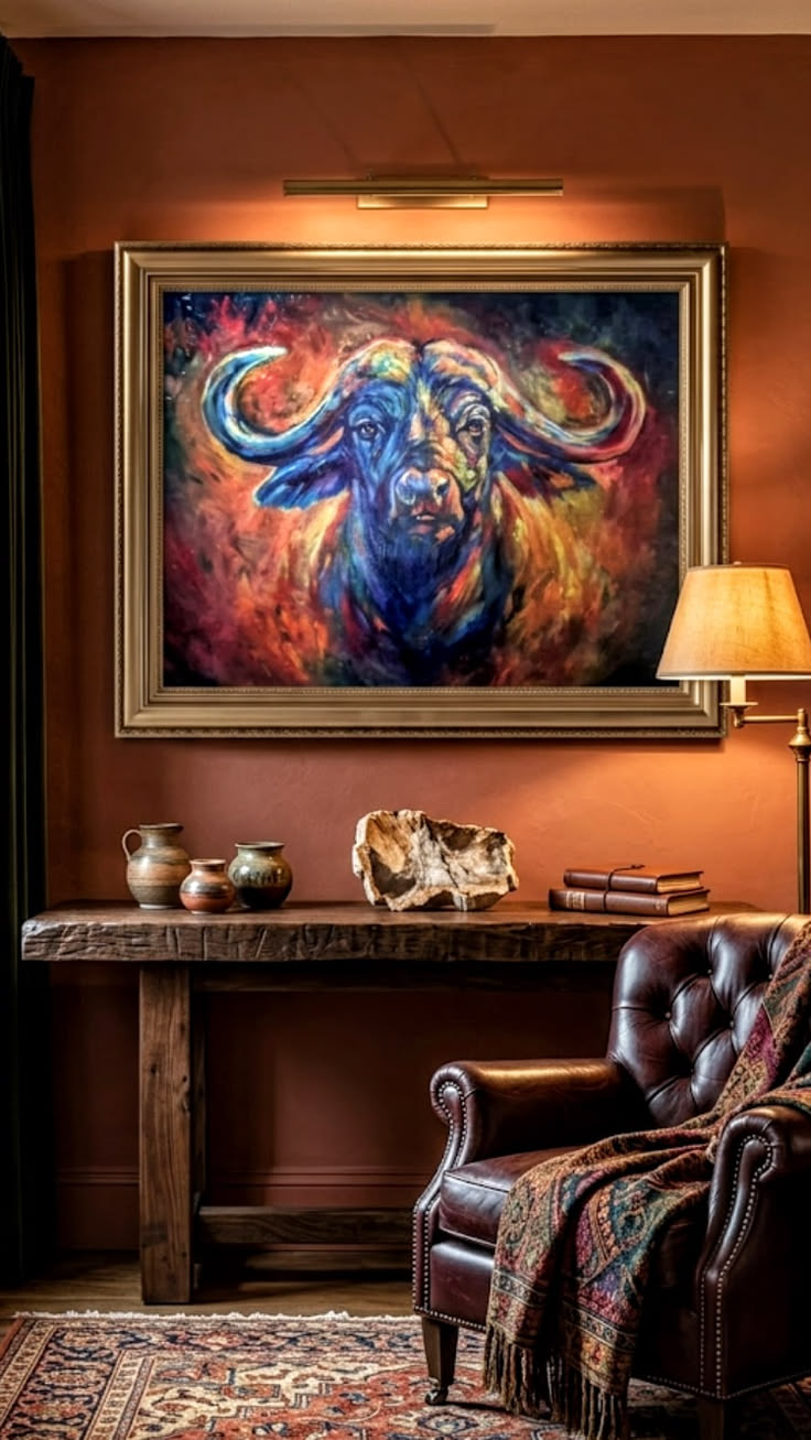 Colorful painting of a buffalo on a wall above a wooden table with decorative items.