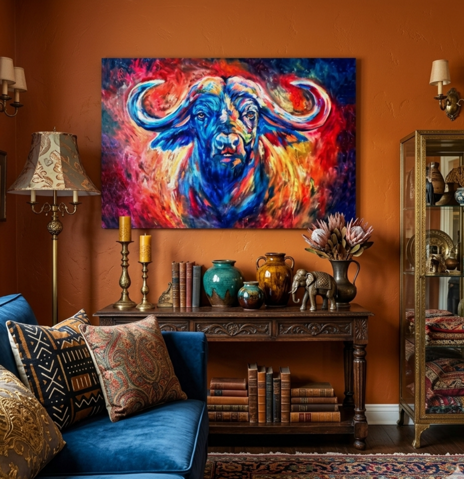 Colorful painting of a bull on an orange wall above a wooden console table with decorative items.