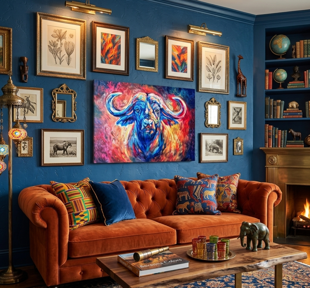 Living room with blue walls, orange sofa, colorful artwork, and decorative items.