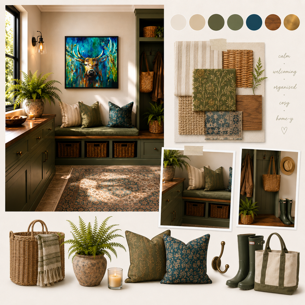 A styled interior design collage showing a cozy home entryway with a built-in bench, patterned pillows, green cabinets, a rug, plants, baskets, boots, and a tote bag. On the right is a color palette swatch panel with neutral and earthy tones, plus small inset photos and decorative text reading 'calm, welcoming, organised, cozy, homey'.