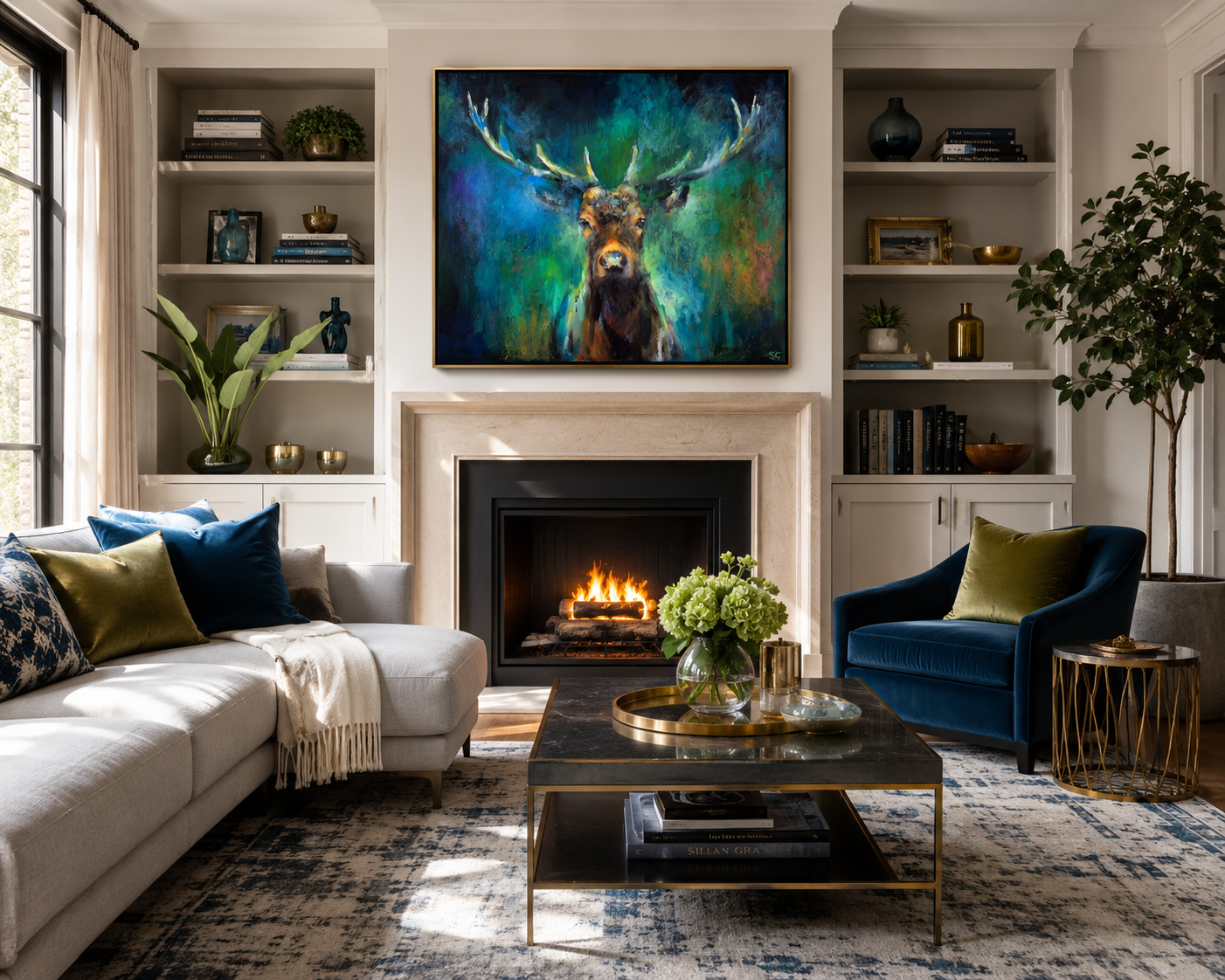 Living room with a fireplace, artwork, and furniture.