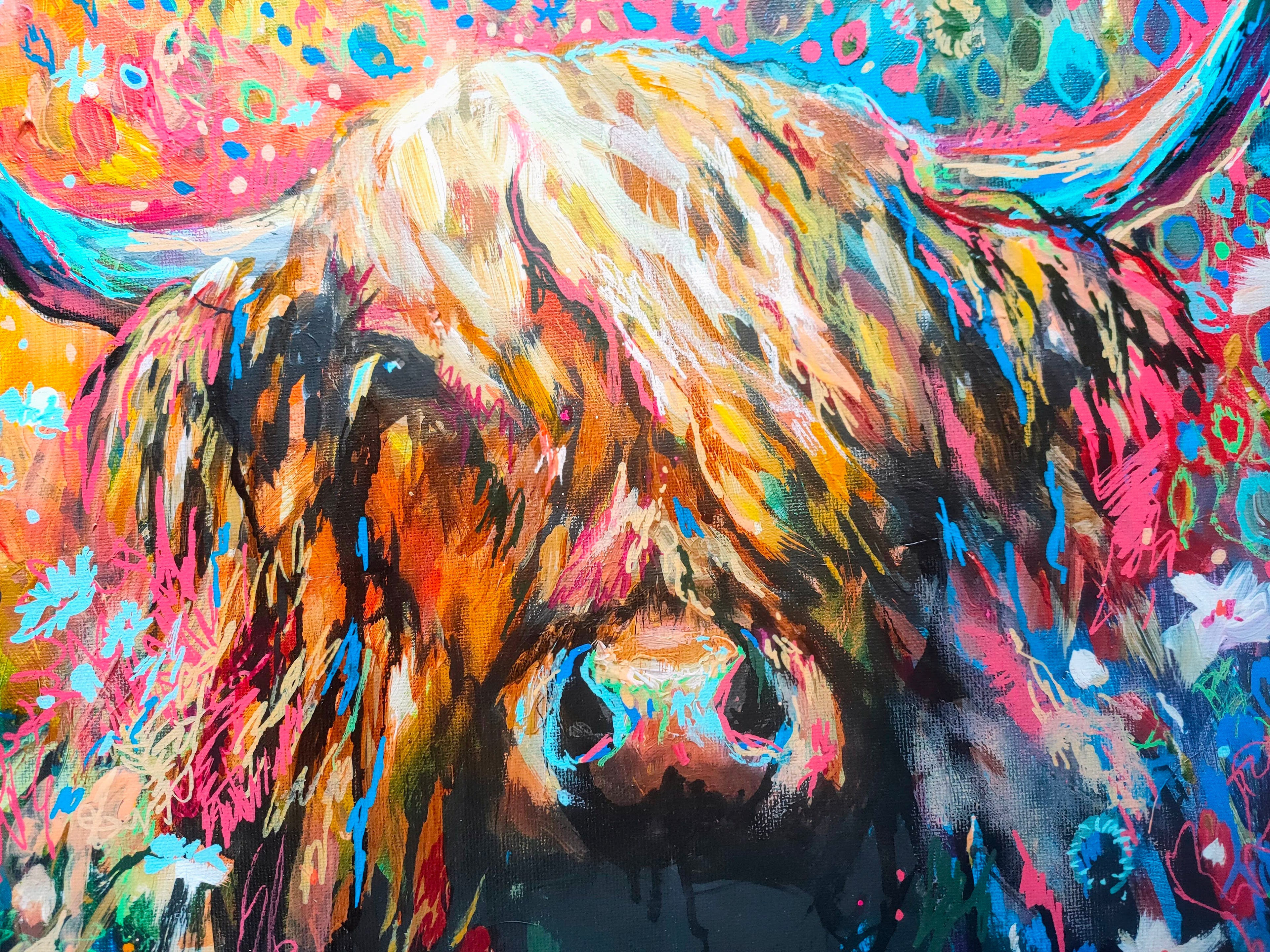 *Sold 'Anstruther '- Original Highland Cow Oil Painting - 16 x 20" / 40 x 50 cm - Animal Art by Susan Gardner - Contemporary Expressionist - Colourful Fine Art
