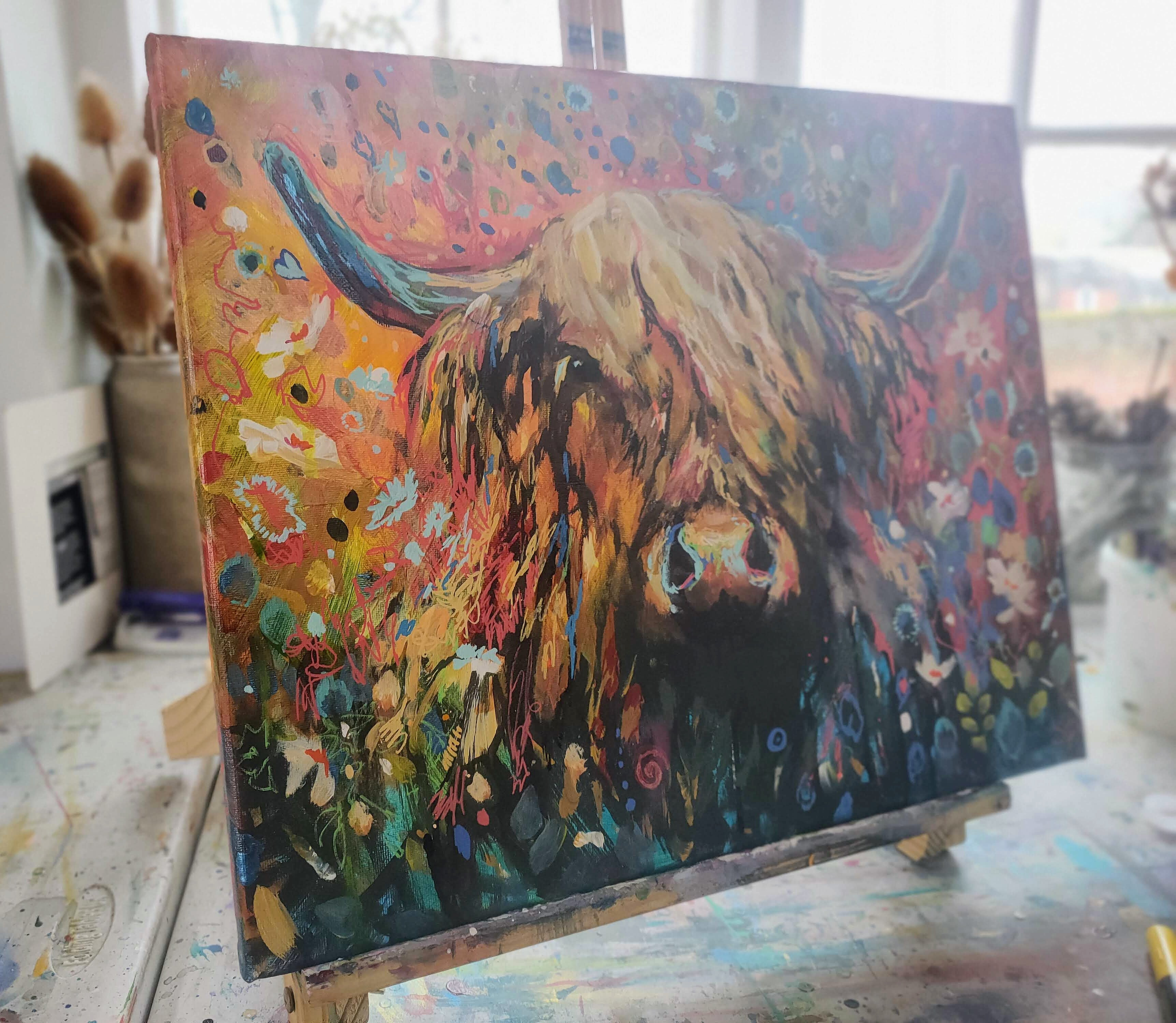 *Sold 'Anstruther '- Original Highland Cow Oil Painting - 16 x 20" / 40 x 50 cm - Animal Art by Susan Gardner - Contemporary Expressionist - Colourful Fine Art