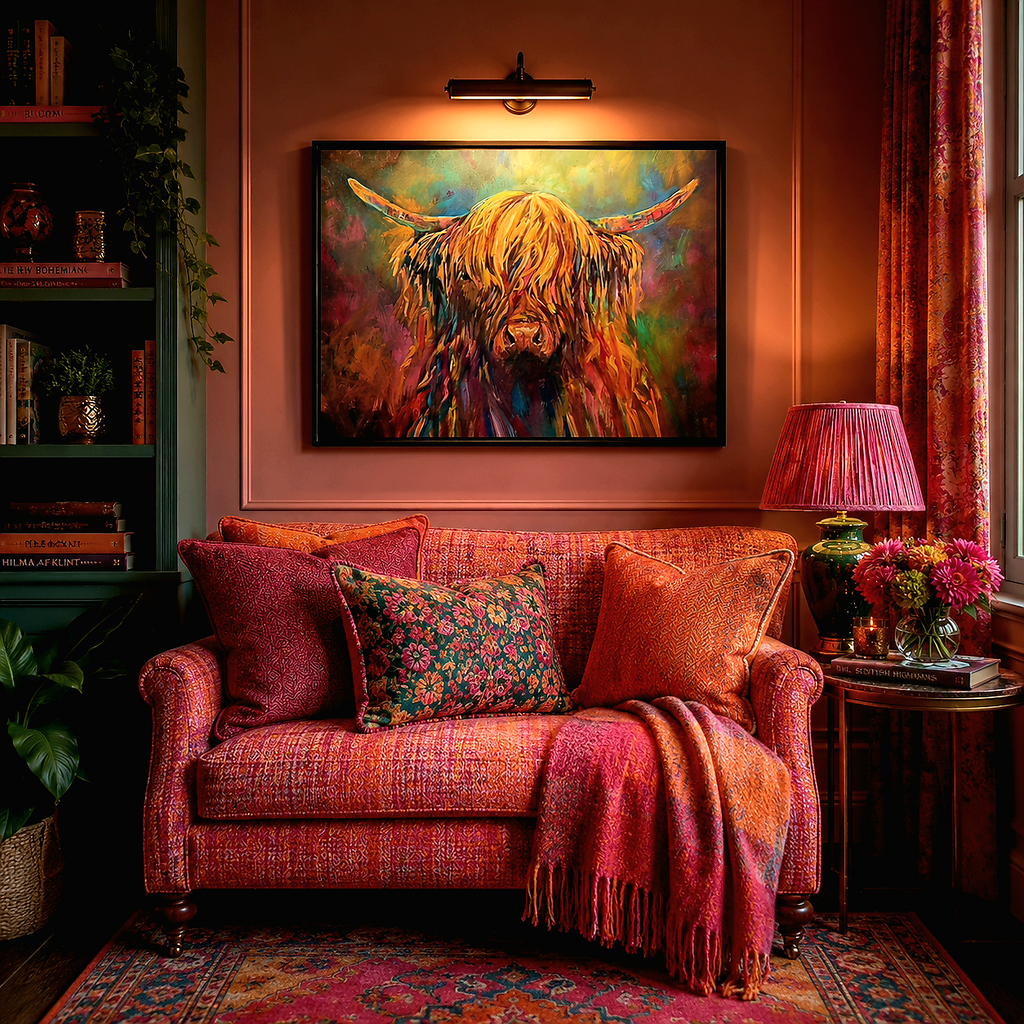 Cozy living room with a red sofa, colorful cushions, and a painting of a highland cow on the wall.