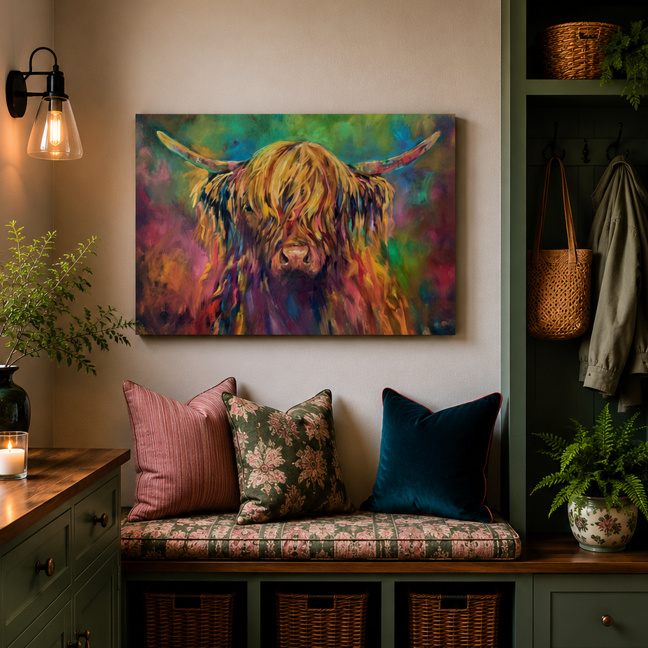 Colorful painting of a highland cow above a cushioned bench with decorative pillows.
