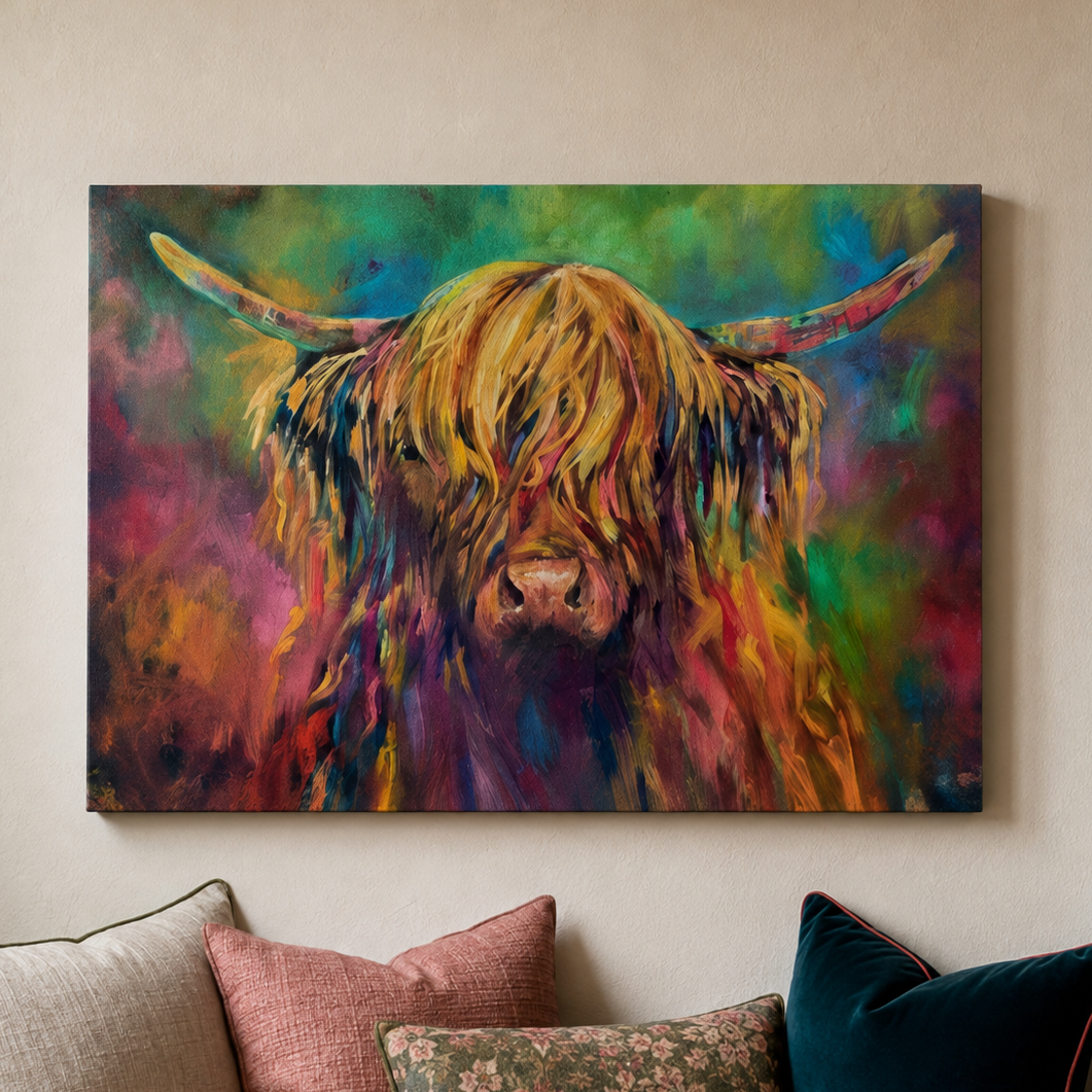 A colorful canvas wall art print depicting a shaggy Highland cow with long horns, shown hanging on a beige wall above a sofa with decorative pillows.