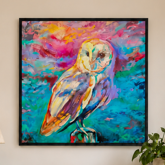 A framed square canvas painting of a barn owl in a colorful, textured impasto style, hanging on a light beige wall with a small plant visible in the lower right corner.