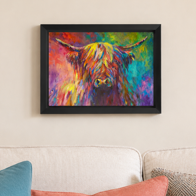 colourful rainbow highland cow art framed in black