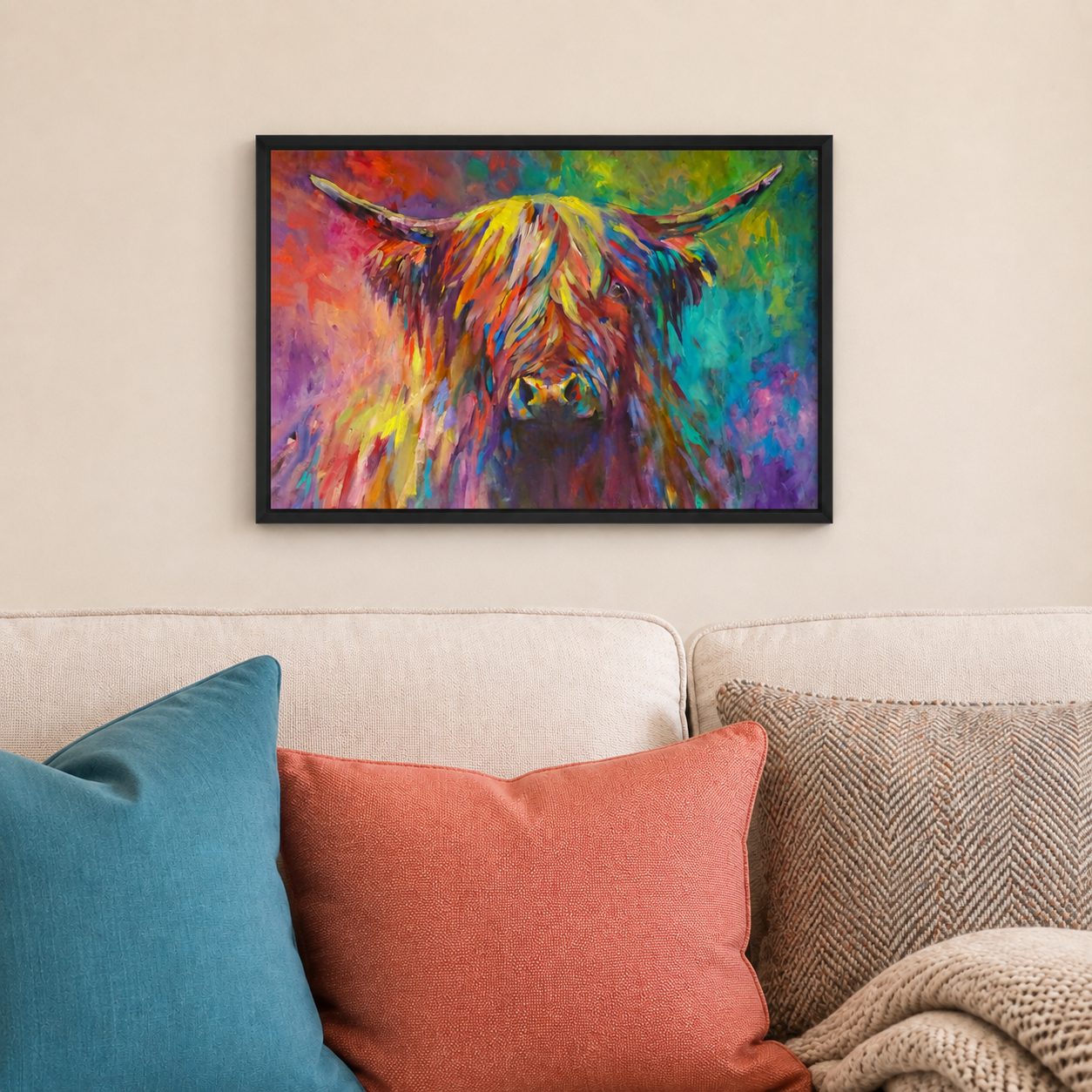 A framed colorful painting of a Highland cow hangs on a beige wall above a sofa with teal, coral, and brown pillows.