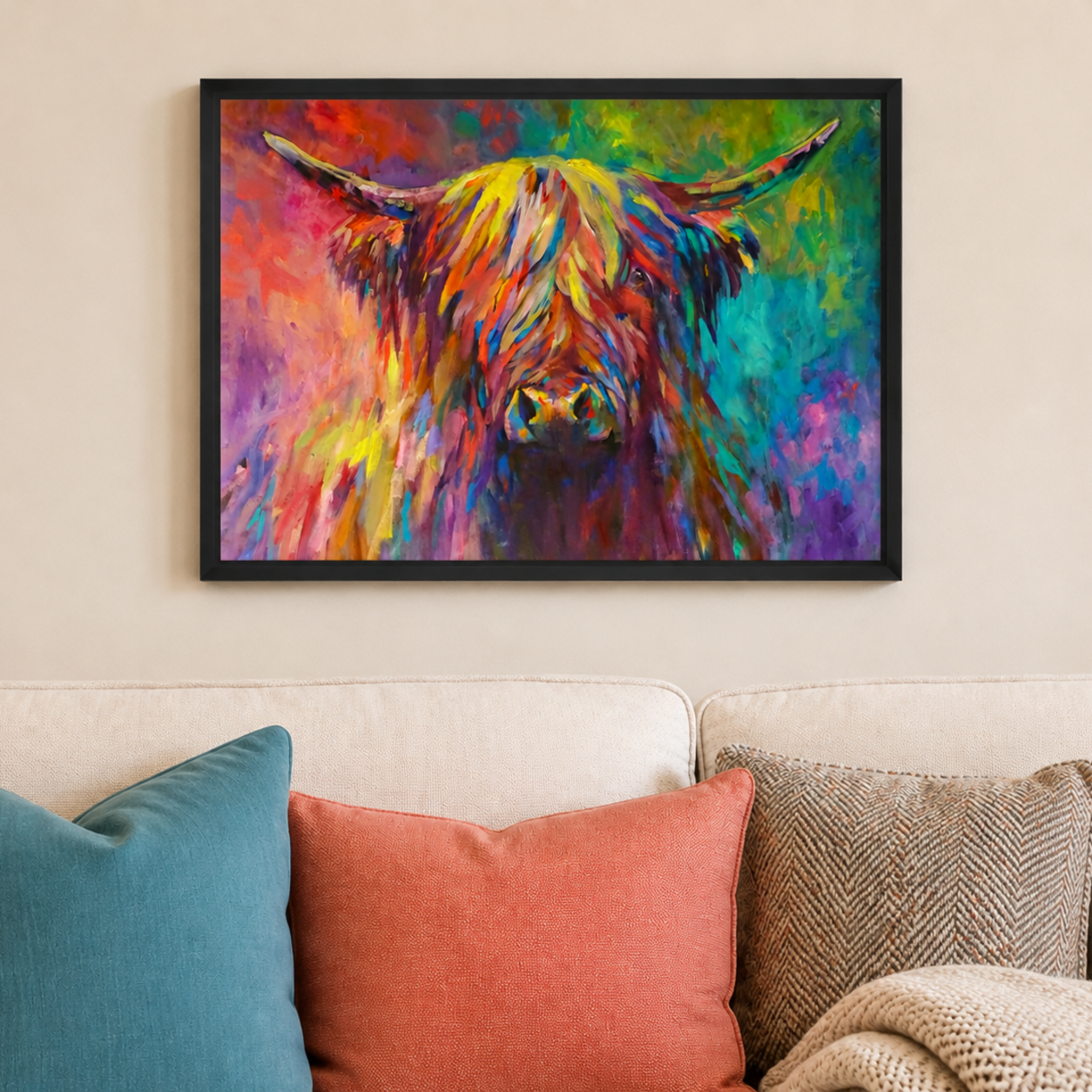 A framed colorful painting of a Highland cow hangs on a beige wall above a sofa with teal, coral, and textured pillows.