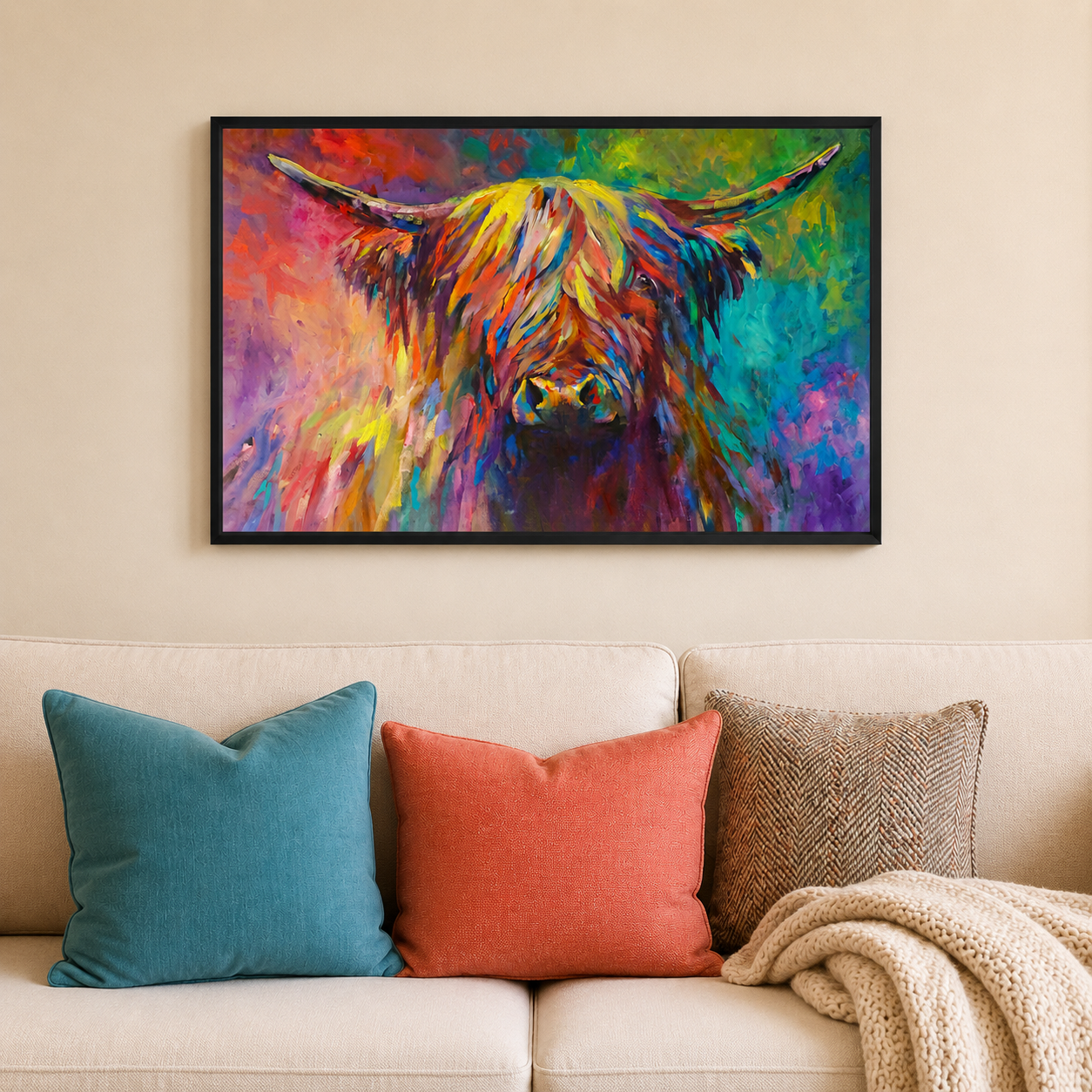 A framed colorful painting of a Highland cow hangs on a beige wall above a cream sofa with teal, coral, and brown pillows and a knitted throw blanket.