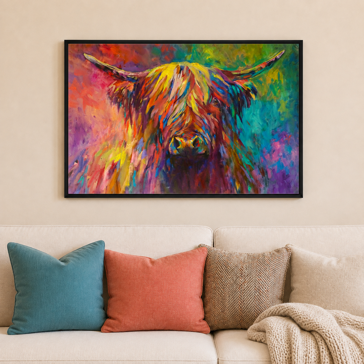 colourful rainbow highland cow art framed in black