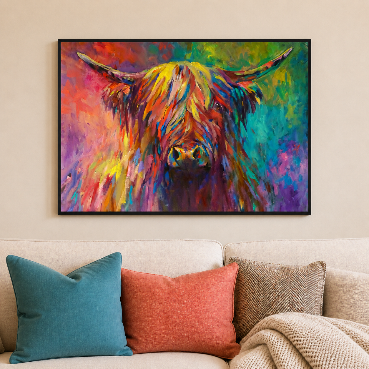 A colorful framed canvas print of a Highland cow painted in a vibrant, textured impasto style, hanging on a beige wall above a sofa with decorative pillows.