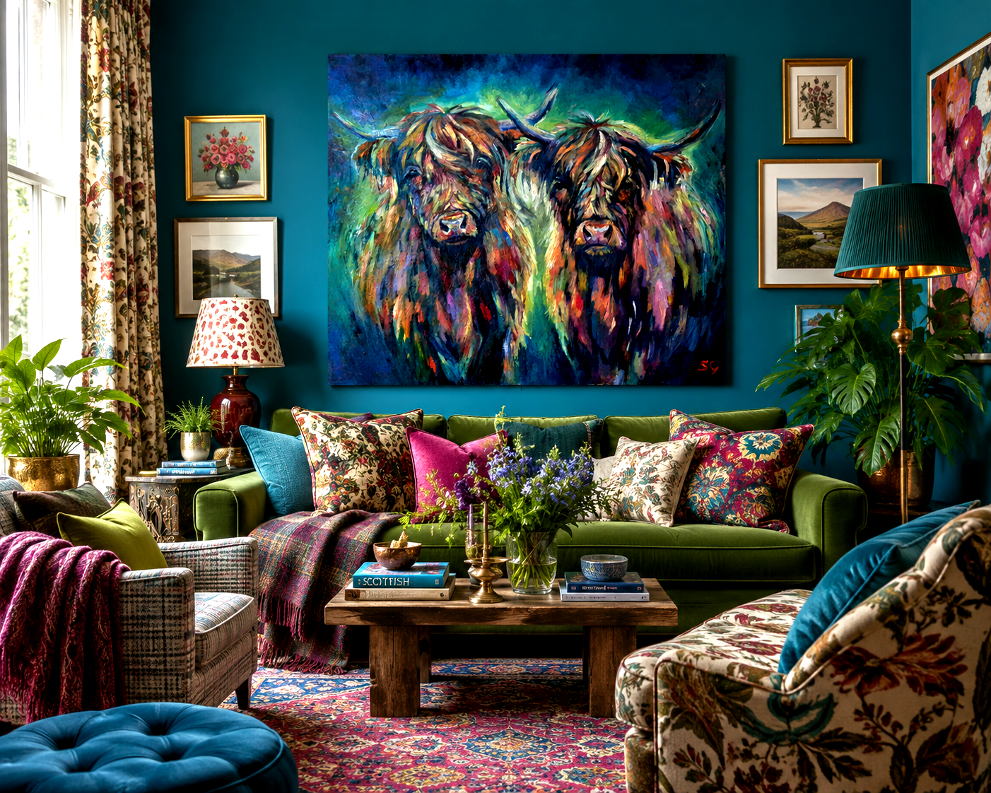 Colorful living room with a large painting of two Highland cows on a blue wall.