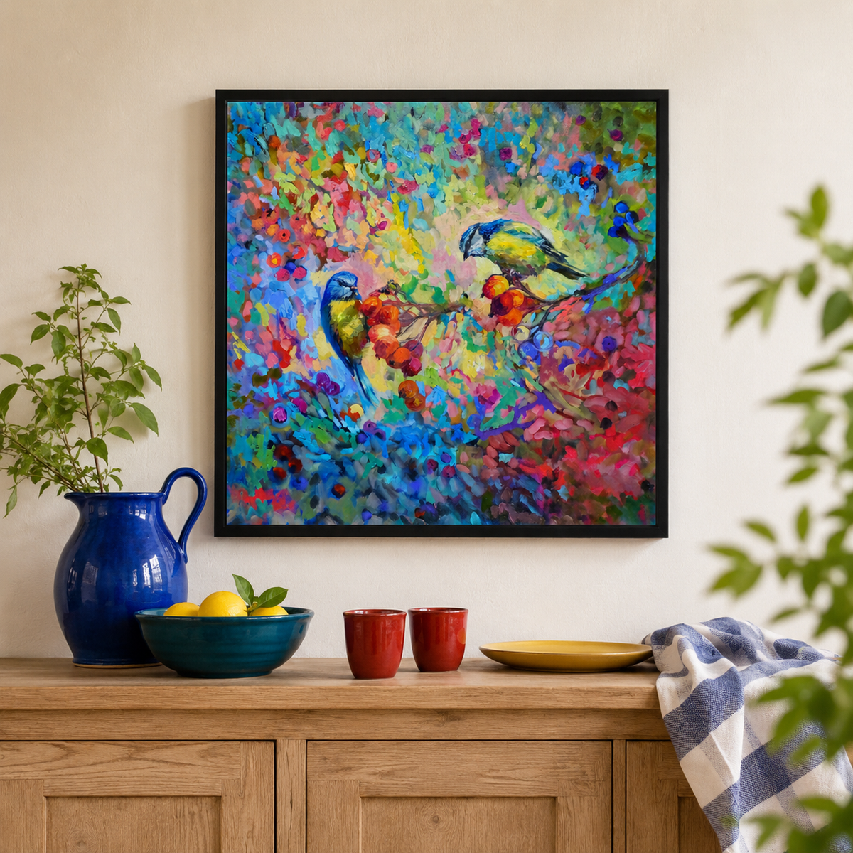 A colorful framed painting of two bluebirds perched on branches with red berries, displayed on a beige wall above a wooden sideboard with a blue pitcher, bowl of lemons, red cups, and a blue-and-white checkered cloth.